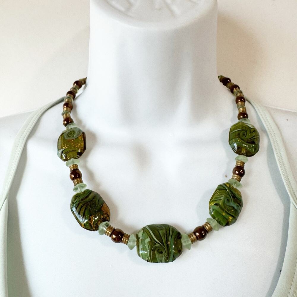 Artisan Made‎ Olive Green Swirl Beads Statement Piece Wine Leaf Clasp